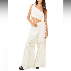 Free People Keeley Set in Ivory Crop Top Wide Leg High Waist Gauze Cotton Blend